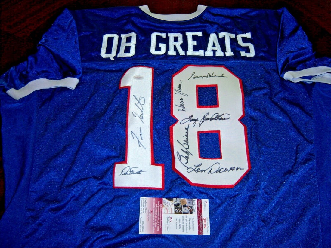 Nike Football Jersey Signed by Terry Bradshaw and George Blanda JSA COA: Nike Football Jersey Signed by Terry Bradshaw and George Blanda JSA COA This official licensed Nike football jersey features authentic signatures from Terry Bradshaw, George Blanda, and Dawson. The je