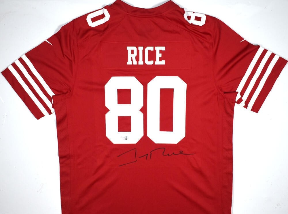 Fanatics Authenticated Jerry Rice 49ers Nike Game Jersey: Fanatics Authenticated Jerry Rice 49ers Nike Game Jersey This is a pre-owned San Francisco 49ers Nike Game Jersey autographed by Jerry Rice. The jersey features the player's signature and has been aut