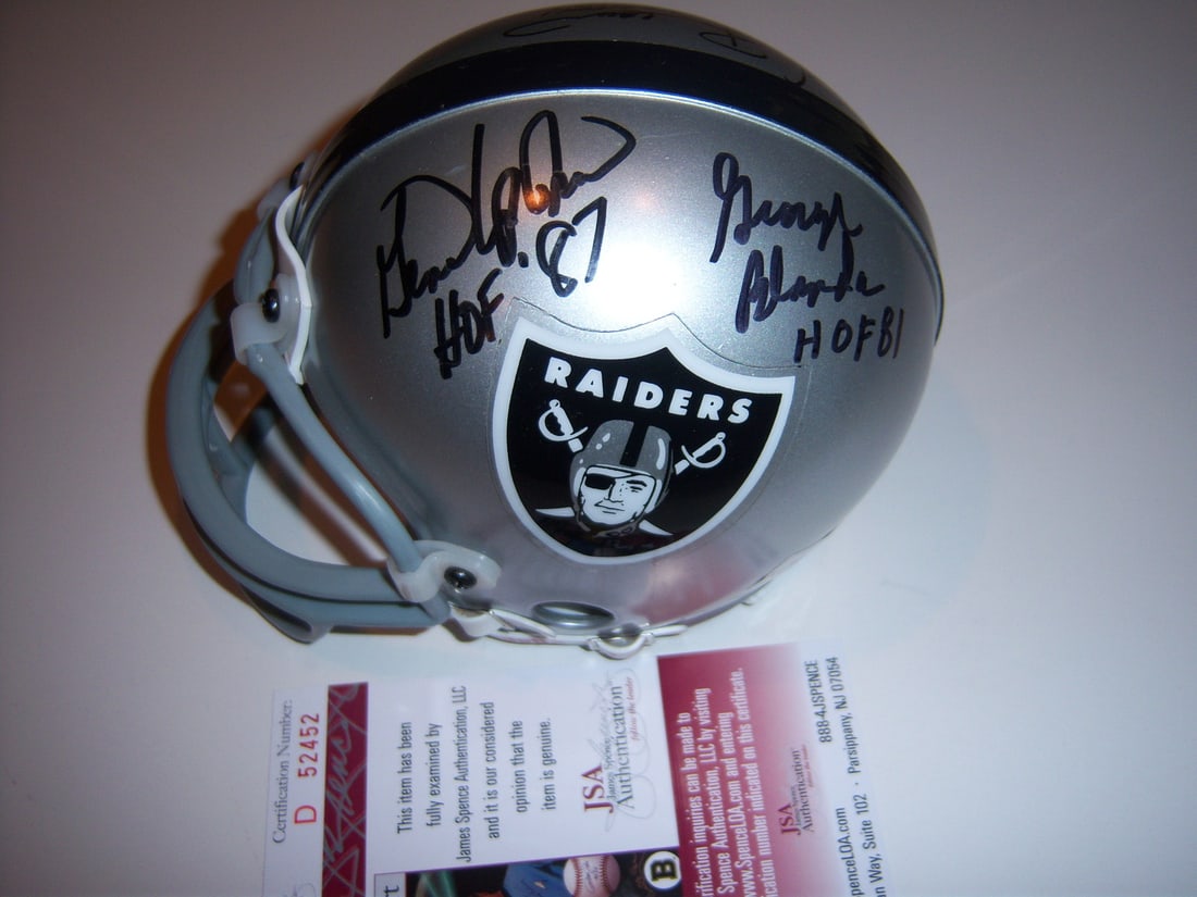 Signed NFL Mini Helmet with Upshaw Blanda Hendricks Brown JSA COA: Signed NFL Mini Helmet with Upshaw Blanda Hendricks Brown JSA COA This mini helmet has been signed by Gene Upshaw, George Blanda, Ted Hendricks, and Willie Brown. It is an original football collectibl