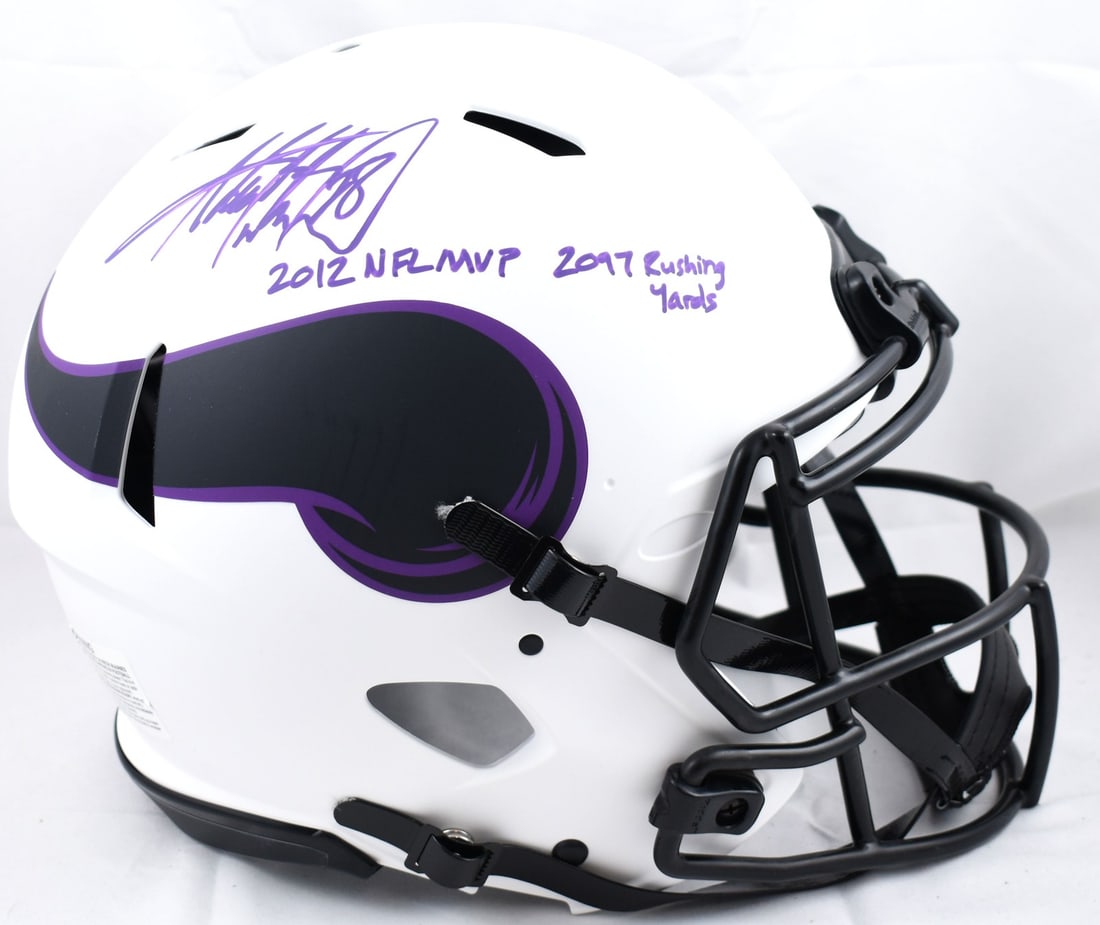 Vikings Lunar Speed Authentic Helmet Signed by Adrian Peterson Beckett Holo: Vikings Lunar Speed Authentic Helmet Signed by Adrian Peterson Beckett Holo This is an authentic Minnesota Vikings full-size Lunar Speed helmet signed by Adrian Peterson. The helmet features Beckett A