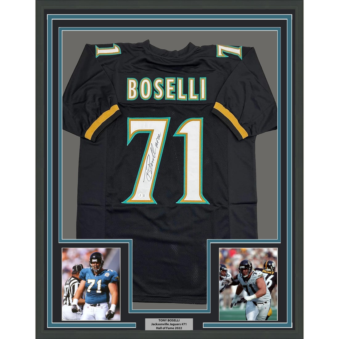 Tony Boselli Signed Jacksonville Jersey 35x39 Framed Beckett COA HOF Display: Tony Boselli Signed Jacksonville Jersey 35x39 Framed Beckett COA HOF Display This is a professionally framed and matted Tony Boselli autographed Jacksonville Jaguars jersey, accompanied by two 5x7 pho