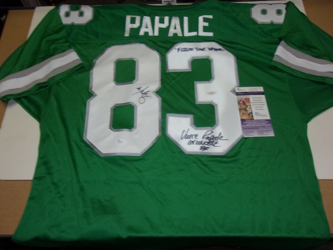 Philadelphia Eagles Jersey Autographed by Mark Wahlberg as Vince Papale JSA COA: Philadelphia Eagles Jersey Autographed by Mark Wahlberg as Vince Papale JSA COA This pre-owned Philadelphia Eagles jersey has been signed by both Mark Wahlberg and Vince Papale. It is an original NFL 