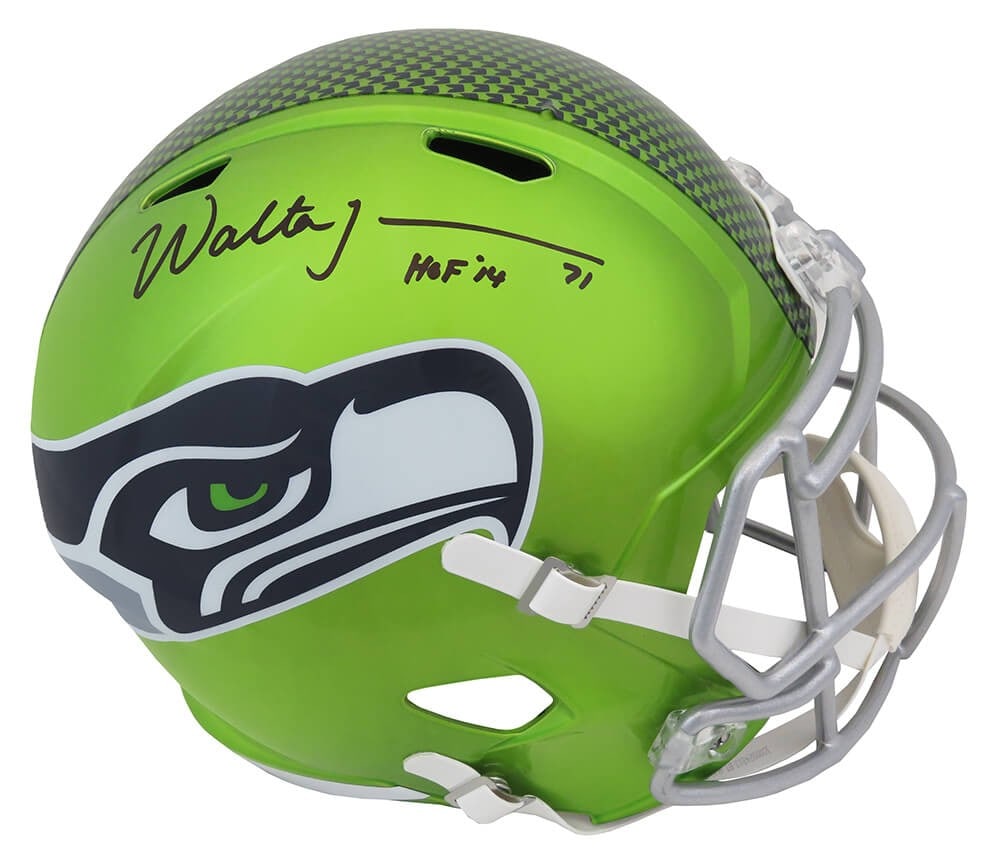 Walter Jones Signed Seahawks Flash Riddell Helmet HOF'14 COA: Walter Jones Signed Seahawks Flash Riddell Helmet HOF'14 COA This is a Walter Jones signed Seattle Seahawks FLASH Riddell full-size speed replica helmet, featuring the inscription 'HOF 14'. The helmet