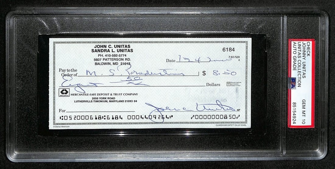 Johnny Unitas HOF Signed 2000 Bank Check Colts PSA/DNA GEM MT 10: Johnny Unitas HOF Signed 2000 Bank Check Colts PSA/DNA GEM MT 10 This item features an original Johnny Unitas Hall of Fame signed 2000 bank check from the Baltimore Colts. The check has been authentic