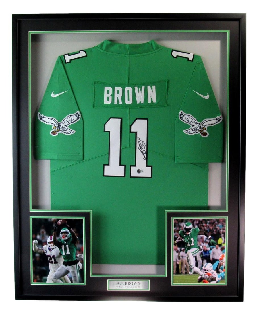 Framed A.J. Brown signed Eagles Kelly Green jersey Beckett authenticated (1 of 4)