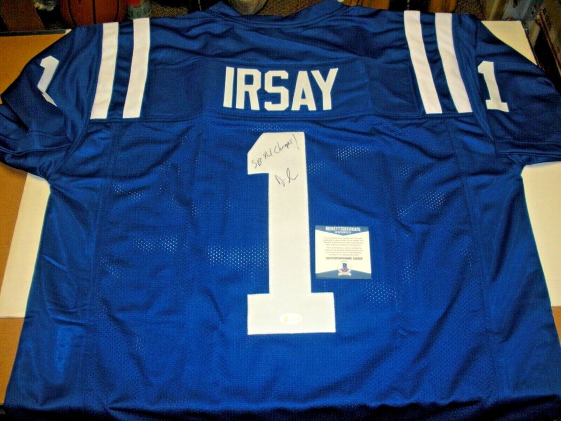 Signed Jim Irsay Jersey Indianapolis Colts Super Bowl XLI Beckett COA: Signed Jim Irsay Jersey Indianapolis Colts Super Bowl XLI Beckett COA This is a pre-owned Indianapolis Colts jersey signed by Jim Irsay, commemorating the team's Super Bowl XLI championship. The jerse