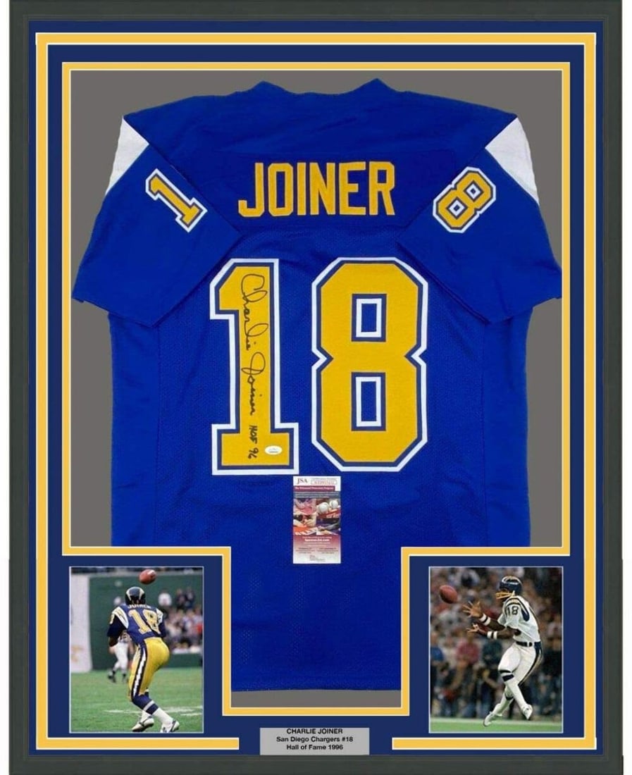 Charlie Joiner signed framed royal blue Chargers jersey JSA COA: Charlie Joiner signed framed royal blue Chargers jersey JSA COA This professionally framed and matted display features a royal blue San Diego Chargers jersey autographed by Hall of Famer Charlie Joine