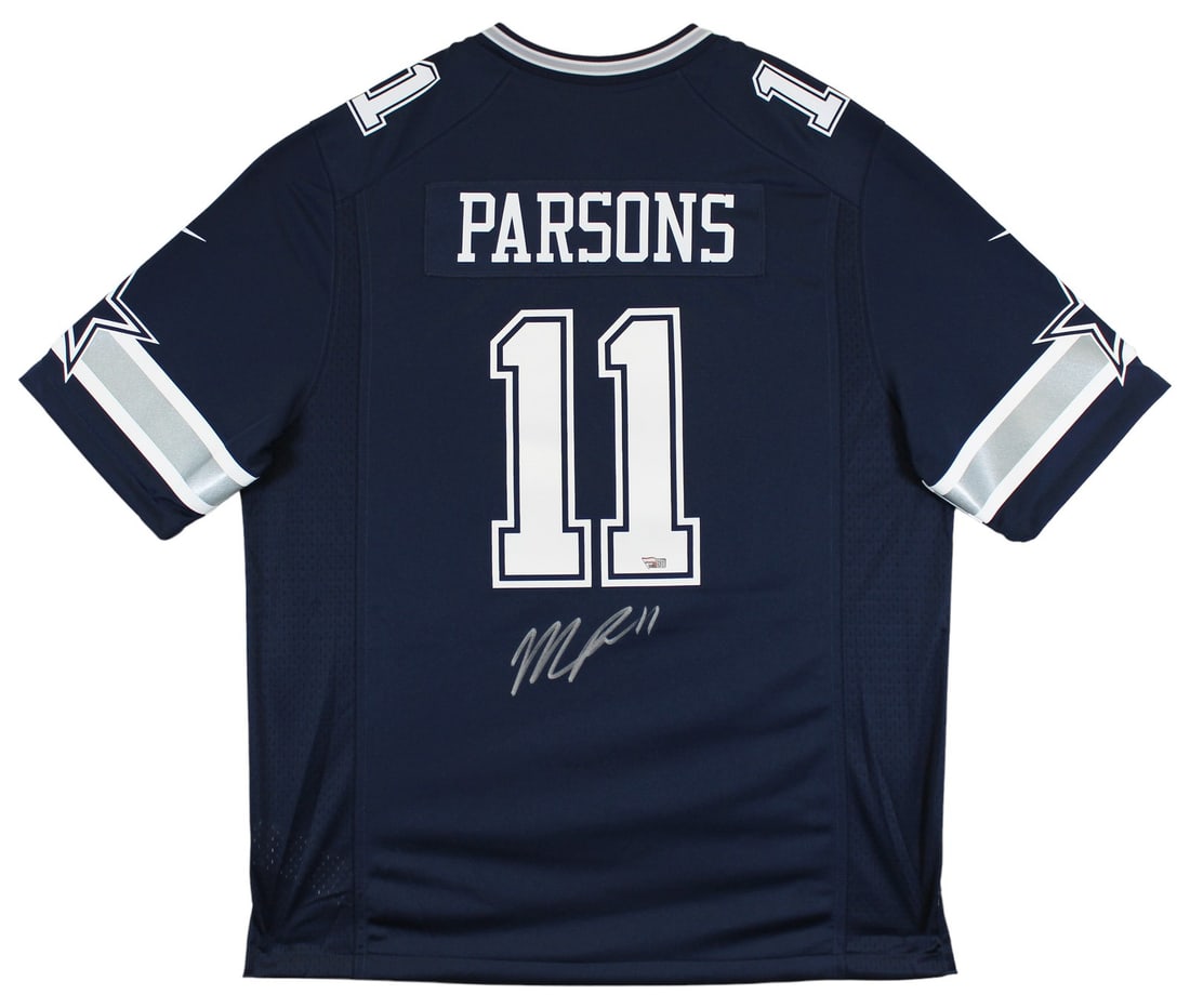 Micah Parsons Signed Navy Blue Nike Jersey with Silver Signature Fanatics: Micah Parsons Signed Navy Blue Nike Jersey with Silver Signature Fanatics This authentic navy blue Nike game jersey is signed by Micah Parsons, linebacker for the Dallas Cowboys. The jersey features a