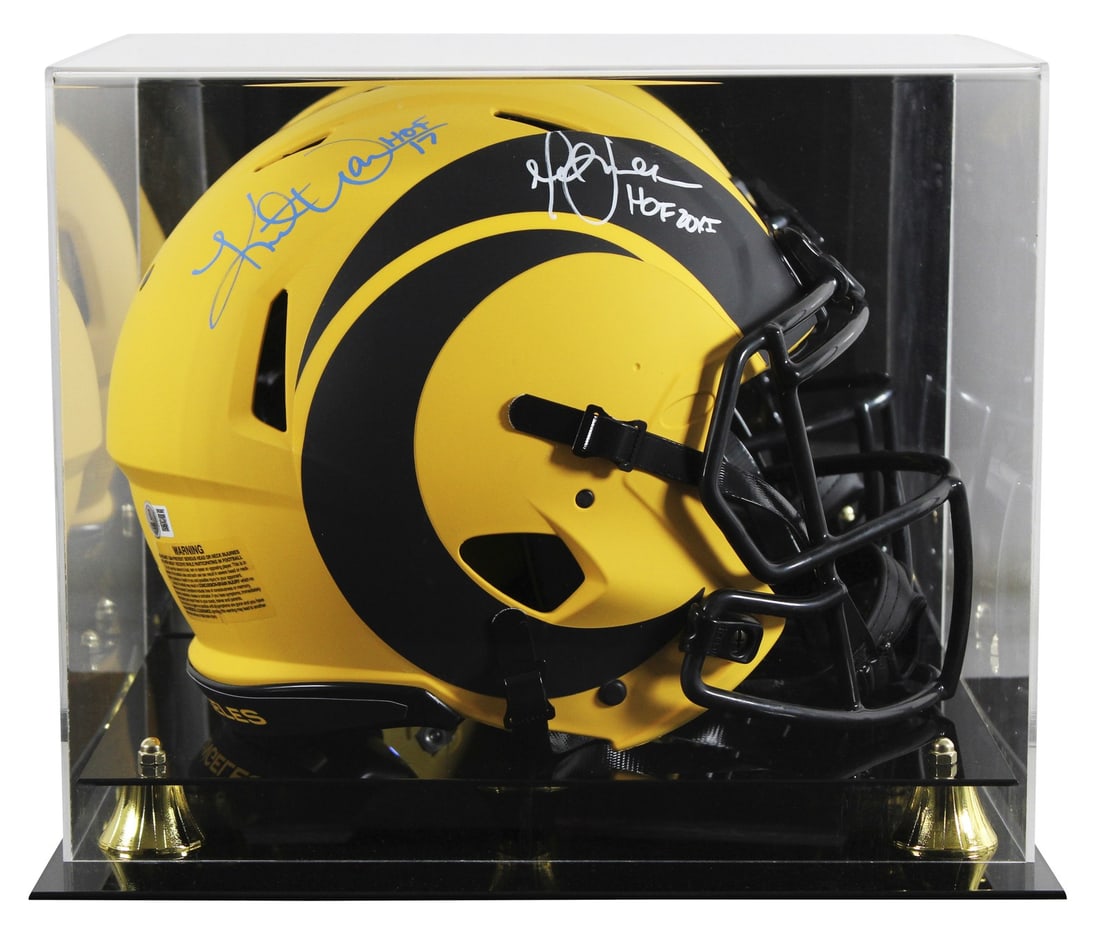 Los Angeles Rams Signed Helmet Faulk Warner HOF Inscription with BAS Case: Los Angeles Rams Signed Helmet Faulk Warner HOF Inscription with BAS Case This remarkable collectible features a full-size Speed Proline helmet personally signed by NFL legends Marshall Faulk and Kurt