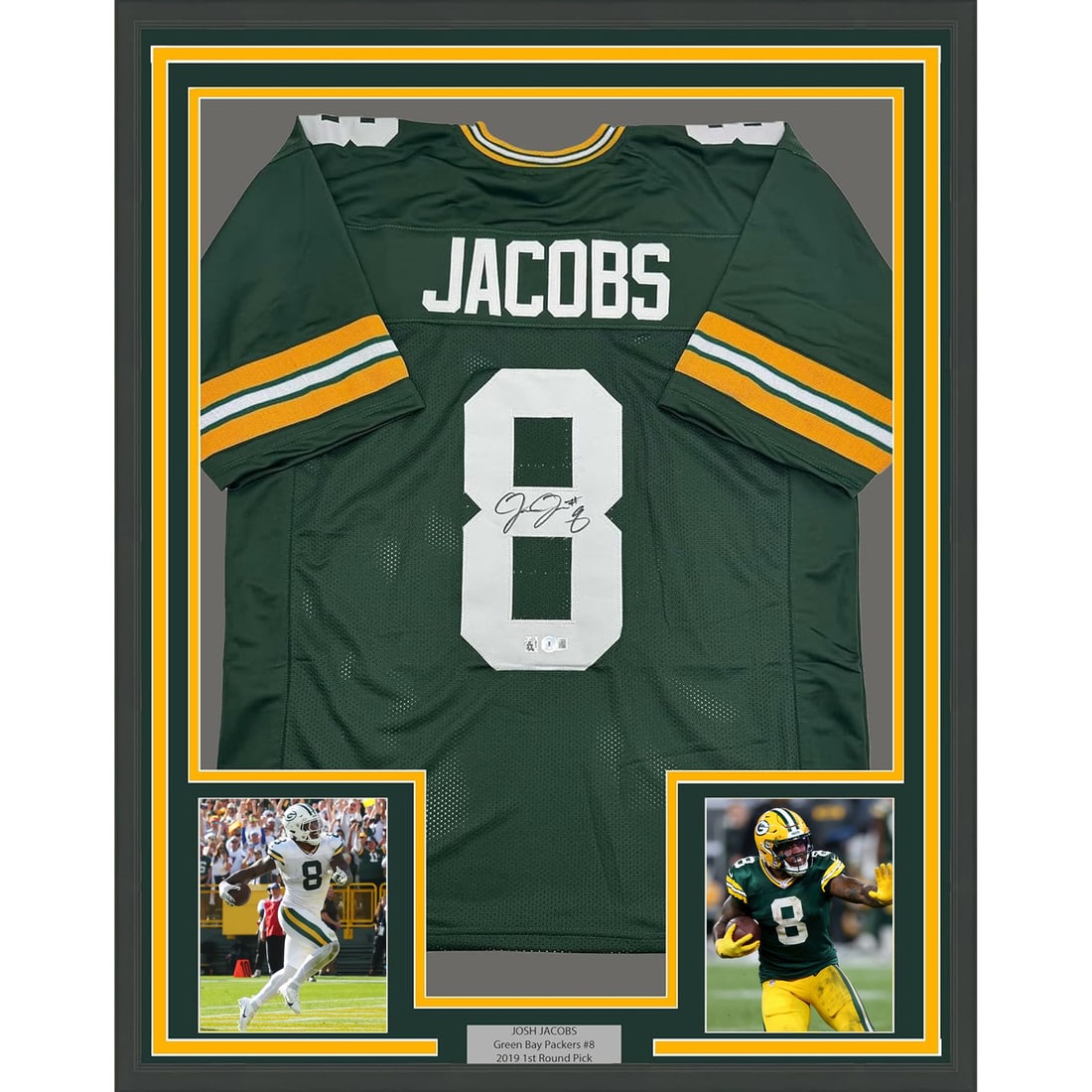 Framed Autographed Josh Jacobs Green Bay Packers Jersey with Beckett COA: Framed Autographed Josh Jacobs Green Bay Packers Jersey with Beckett COA Celebrate your love for NFL with this professionally framed autographed jersey of Josh Jacobs from the Green Bay Packers. This 