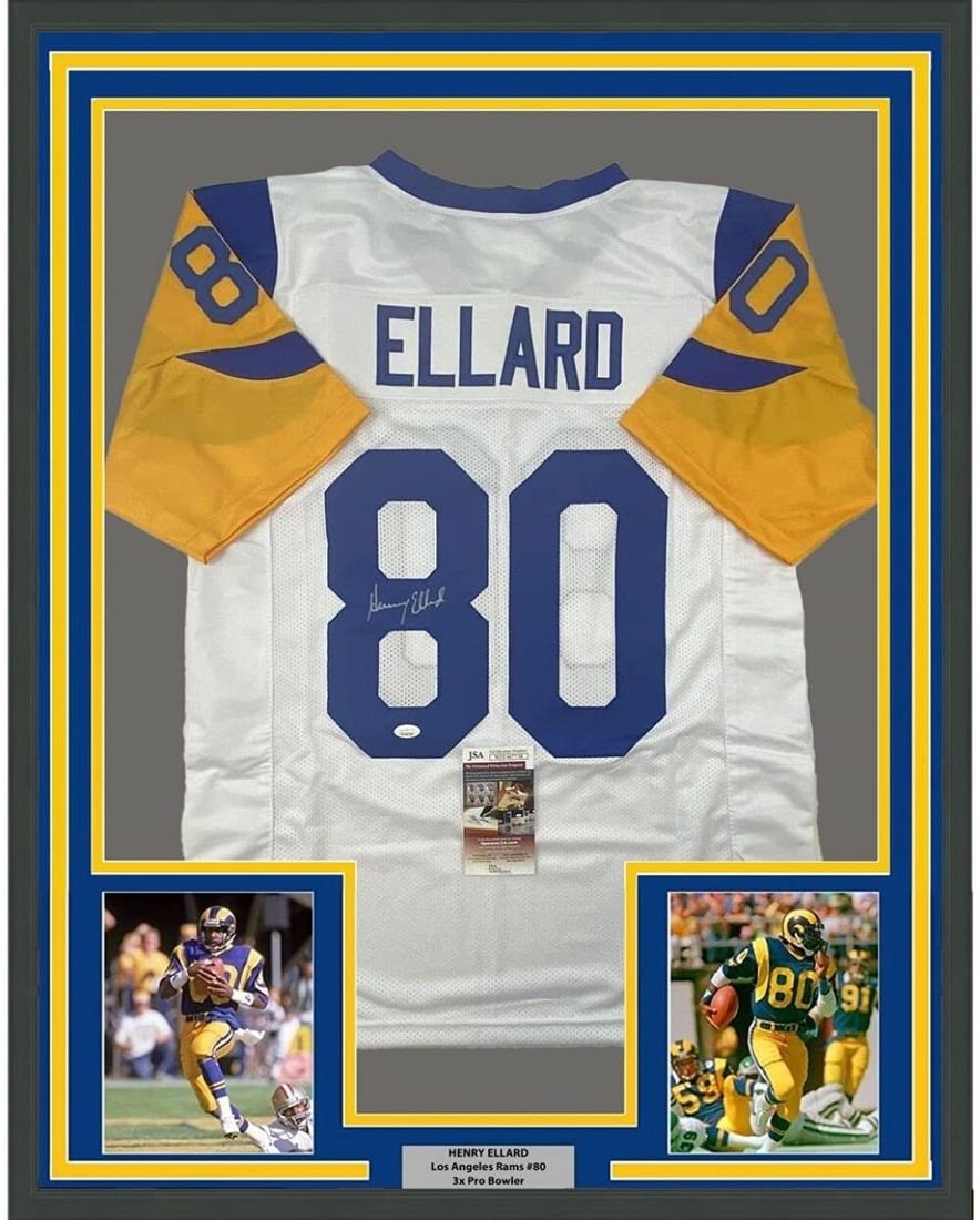 Framed Autographed Henry Ellard Jersey Los Angeles Rams JSA COA 33x42: Framed Autographed Henry Ellard Jersey Los Angeles Rams JSA COA 33x42 Celebrate your love for the NFL with this professionally framed and autographed Henry Ellard Los Angeles Rams white jersey. Measur