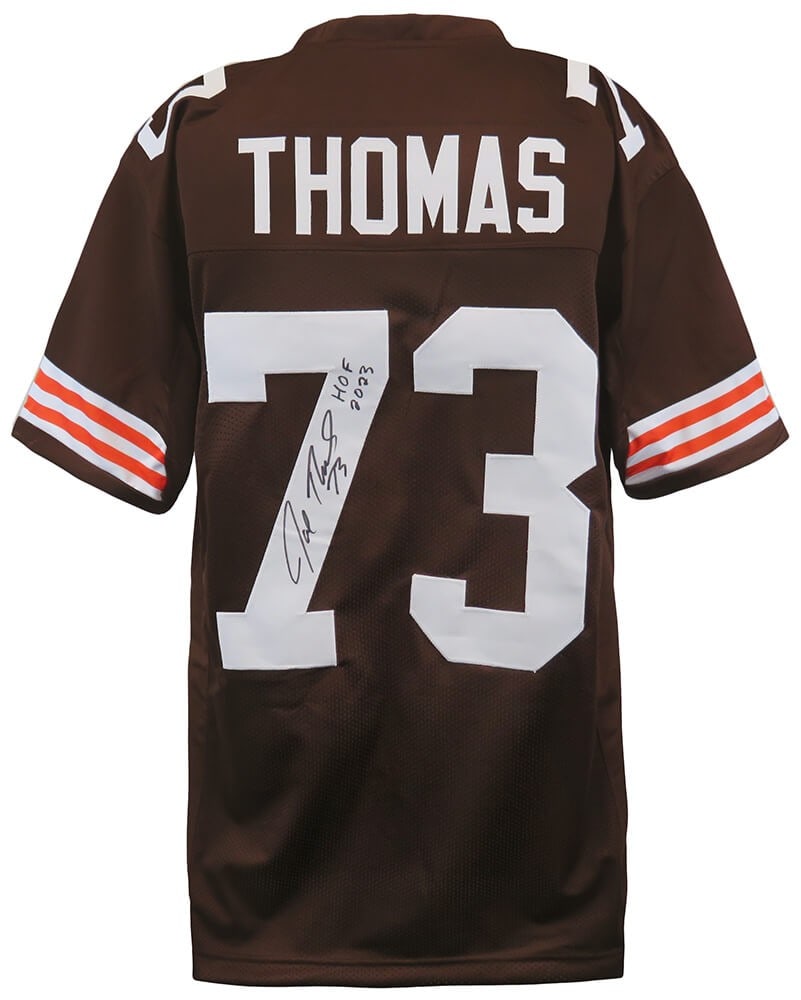 Joe Thomas Signed Browns Jersey HOF 2023 COA: Joe Thomas Signed Browns Jersey HOF 2023 COA Joe Thomas Signed Browns Jersey HOF 2023 COA This is a Joe Thomas signed custom brown football jersey featuring an inscription of 'HOF 2023'. The jersey is
