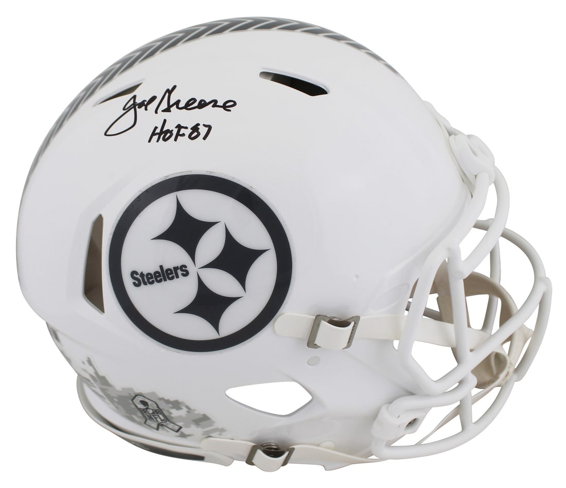 Joe Greene Signed Steelers HOF 87 Full Size Helmet BAS Authenticated: Joe Greene Signed Steelers HOF 87 Full Size Helmet BAS Authenticated This original autographed Pittsburgh Steelers 2024 Salute To Service III Riddell Authentic Full Size Speed Proline Helmet is person