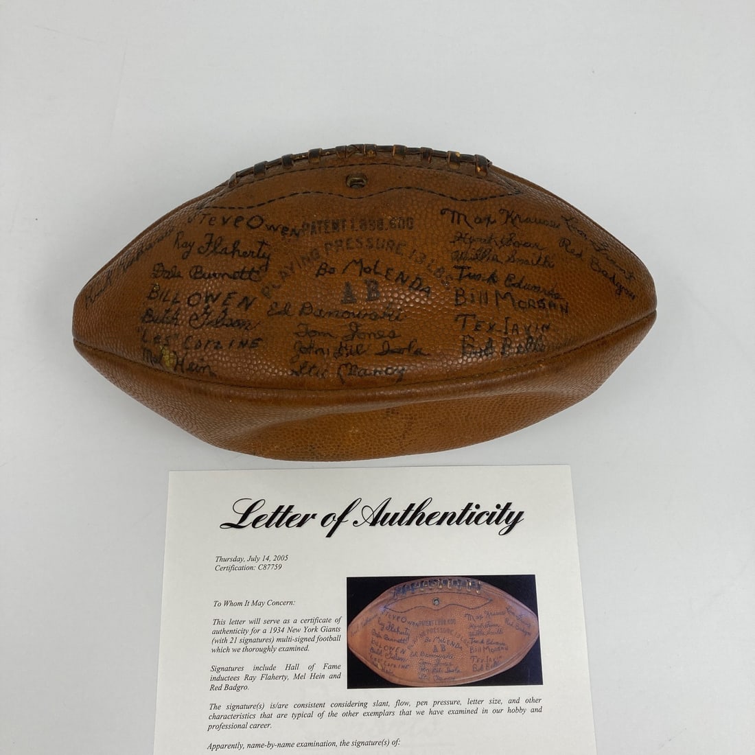 1934 New York Giants NFL Championship Signed Football PSA DNA COA: 1934 New York Giants NFL Championship Signed Football PSA DNA COA This vintage football commemorates the 1934 New York Giants NFL Championship team. Signed by twenty-one members of the championship ro