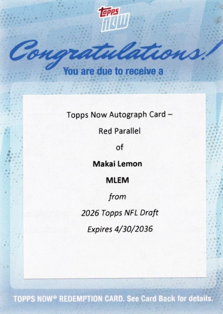 Makai Lemon 2026 Topps Now Red Auto Redemption Rookie Card: Makai Lemon 2026 Topps Now Red Auto Redemption Rookie Card This is a 2026 Topps Now Makai Lemon Red Auto /5 Rookie RC Redemption football card, featuring Makai Lemon of the Philadelphia Eagles. The ca