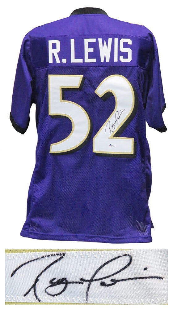 Ray Lewis Signed Purple Custom Jersey Baltimore Ravens Beckett Authenticated: Ray Lewis Signed Purple Custom Jersey Baltimore Ravens Beckett Authenticated Celebrate the legacy of Ray Lewis with this authentic signed purple custom football jersey from the Baltimore Ravens. This 