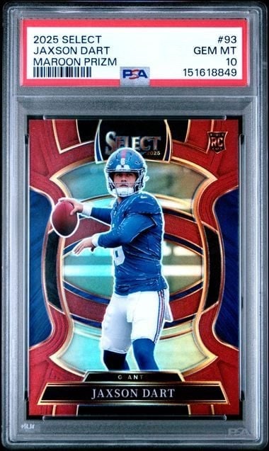 PSA 10 Jaxson Dart 2025 Panini Select Maroon Prizm #93 149: PSA 10 Jaxson Dart 2025 Panini Select Maroon Prizm #93 149 This is a 2025 Panini Select Jaxson Dart Maroon Prizm Rookie Card (#93), graded PSA 10. The card features a multicolor design with a maroon p