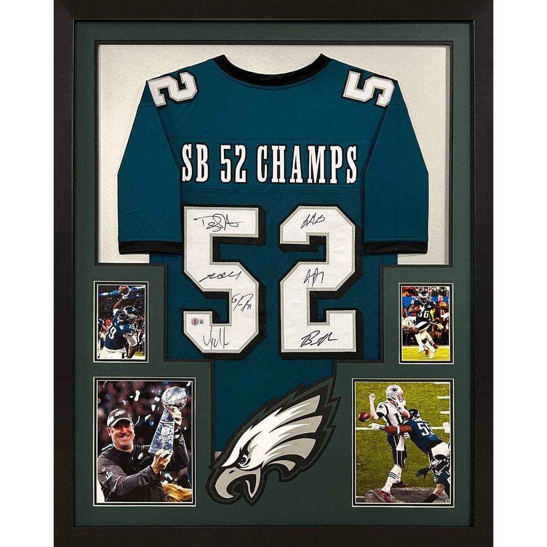 Philadelphia Eagles Super Bowl 52 Signed Jersey Framed Beckett Authenticated: Philadelphia Eagles Super Bowl 52 Signed Jersey Framed Beckett Authenticated This framed jersey showcases the Philadelphia Eagles' Super Bowl 52 victory, autographed by 7 team members, making it a tre