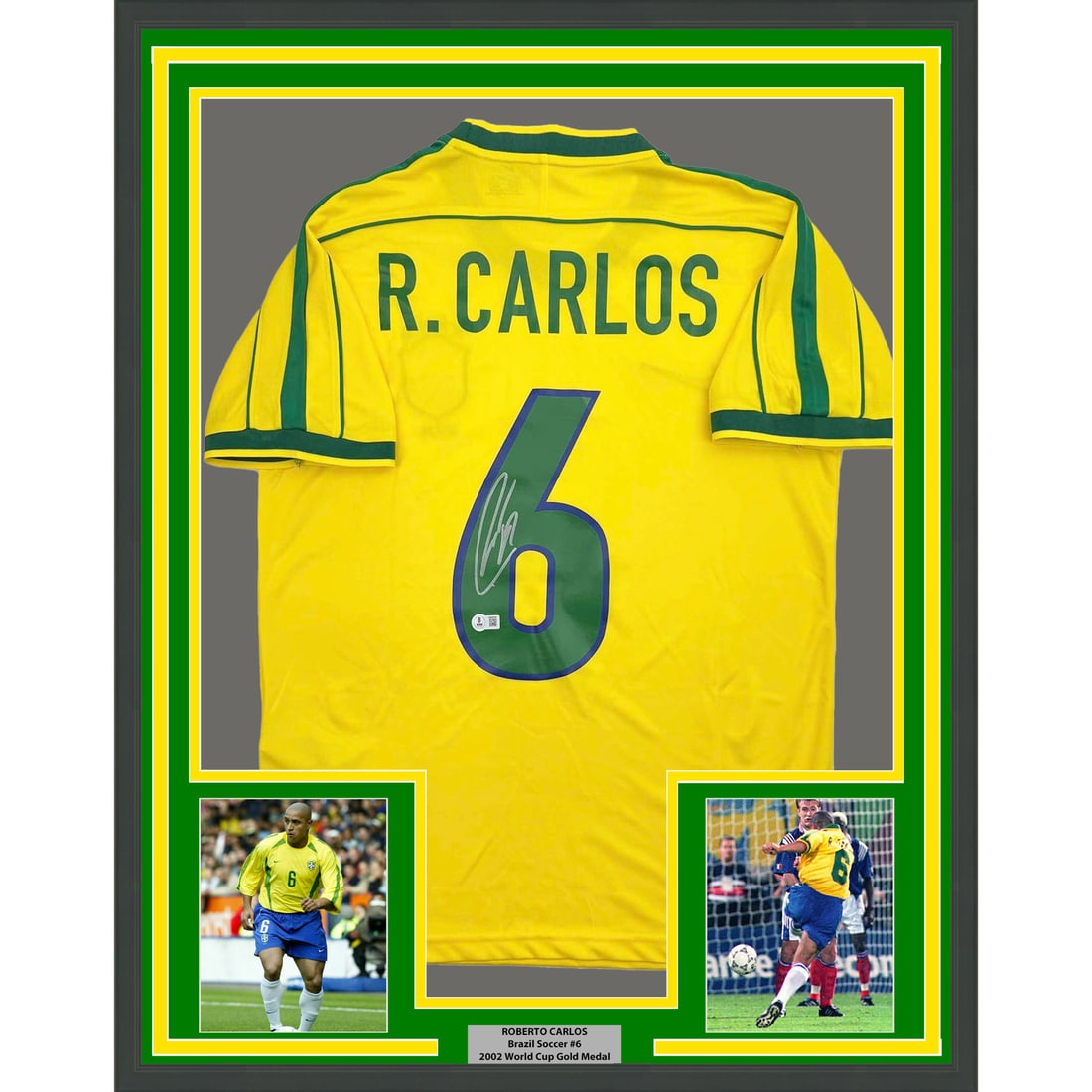 Framed Roberto Carlos Signed Brazil Jersey with Beckett COA 35x39 (1 of 2)