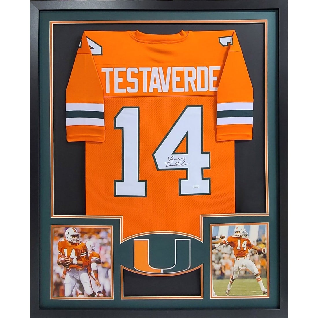 Vinny Testaverde Signed Framed Jersey JSA Certified Miami Heisman: Vinny Testaverde Signed Framed Jersey JSA Certified Miami Heisman This autographed Vinny Testaverde framed jersey is a must-have for any Miami Hurricanes fan. Celebrating Testaverde's legacy as a Heis