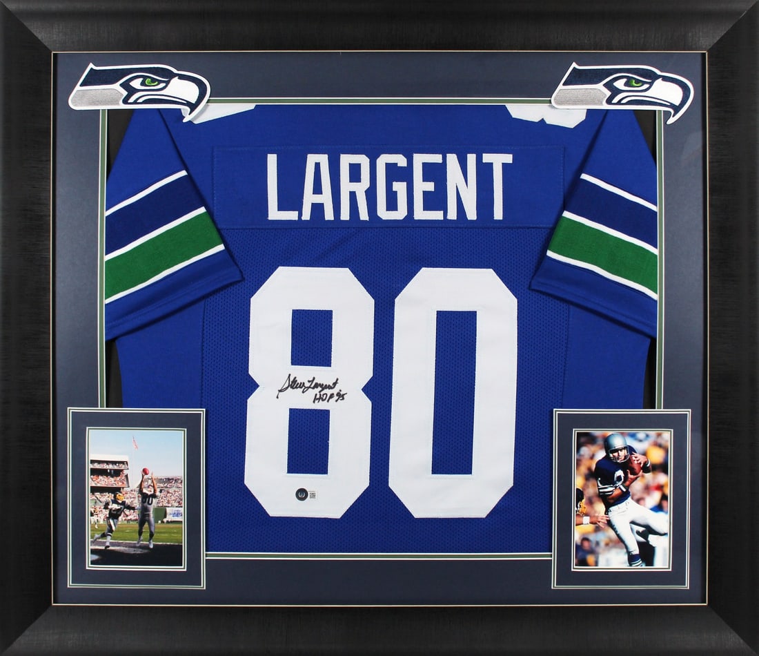 Framed Steve Largent Signed Seahawks Jersey With HOF 95 Inscription BAS Witness (1 of 2)