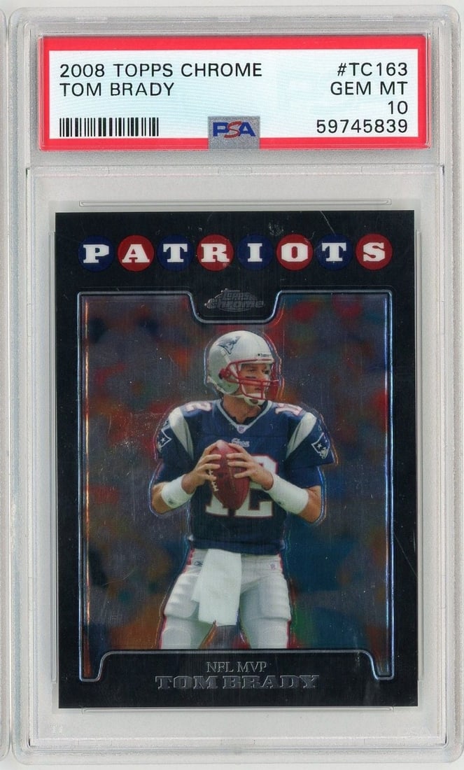 PSA 10 2008 Topps Chrome Tom Brady TC163 NFL Card: PSA 10 2008 Topps Chrome Tom Brady TC163 NFL Card This is a 2008 Topps Chrome Tom Brady #TC163 football trading card, professionally graded as PSA 10 Gem Mint. The card features Tom Brady of the New E