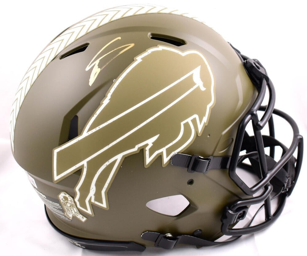 Buffalo Bills Stefon Diggs autographed Salute to Service speed helmet Beckett: Buffalo Bills Stefon Diggs autographed Salute to Service speed helmet Beckett This full-size Salute to Service Speed Authentic helmet features the signature of Stefon Diggs and represents the Buffalo 