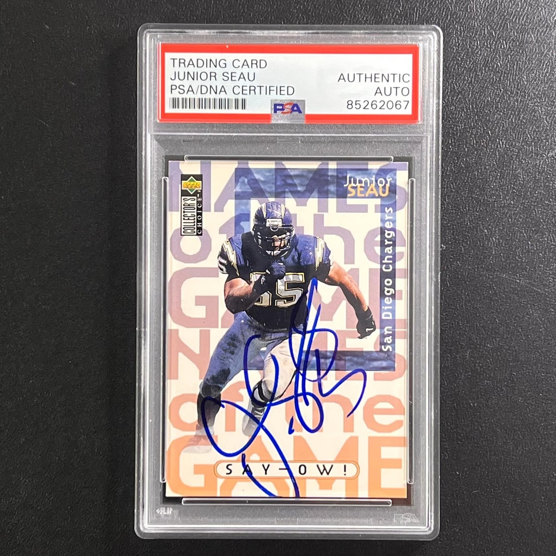 1997 Upper Deck Junior Seau Signed Card PSA Authenticated Chargers #55: 1997 Upper Deck Junior Seau Signed Card PSA Authenticated Chargers #55 This is a 1997 Upper Deck #55 sports trading card featuring an authentic autograph by Junior Seau, one of the NFL's legendary pla
