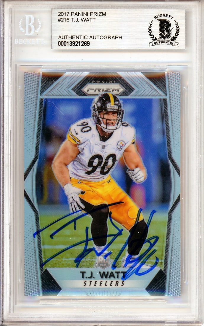 T.J. Watt 2017 Silver Prizm Rookie Card BGS Auto 10 Pittsburgh Steelers: T.J. Watt 2017 Silver Prizm Rookie Card BGS Auto 10 Pittsburgh Steelers This 2017 Panini Prizm Silver #216 sports trading card features T.J. Watt of the Pittsburgh Steelers. The card is an autographed