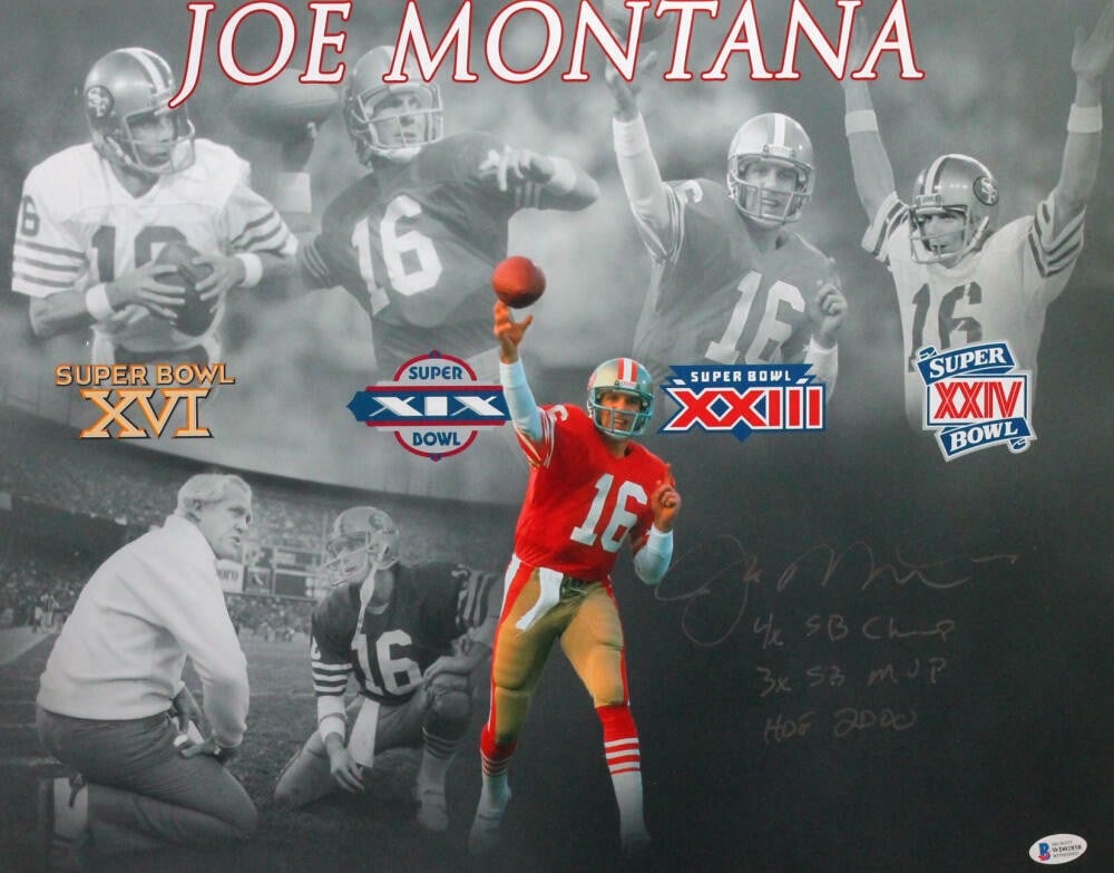 Joe Montana signed 49ers 16x20 Beckett photo with 3 inscriptions: Joe Montana signed 49ers 16x20 Beckett photo with 3 inscriptions This is an original 16x20 photograph of Joe Montana from the San Francisco 49ers, personally autographed and featuring three inscriptio