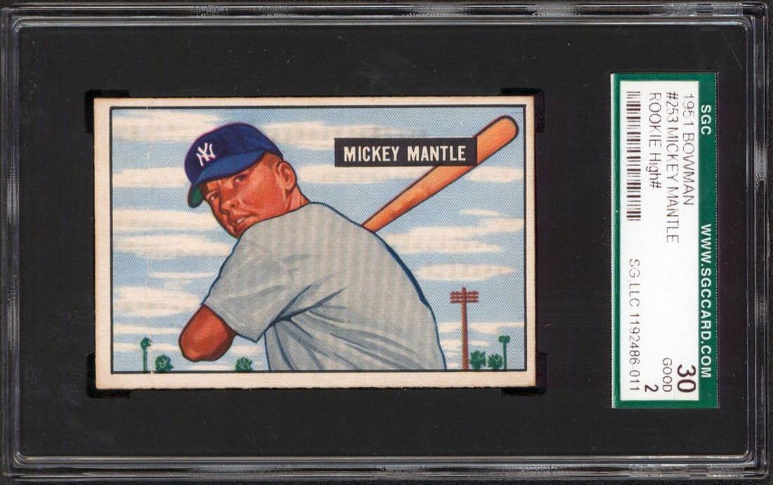 SGC Authentic Mickey Mantle 1951 Bowman Rookie Card #253: SGC Authentic Mickey Mantle 1951 Bowman Rookie Card #253 This is an original 1951 Bowman #253 rookie card featuring Mickey Mantle of the New York Yankees. The card has been graded Good 2 and authentic
