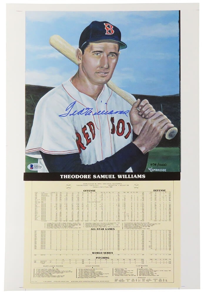 Ted Williams Signed Boston Red Sox Career Stats Photo 12.5x19 Beckett COA: Ted Williams Signed Boston Red Sox Career Stats Photo 12.5x19 Beckett COA This original 12.5 x 19 photo features Ted Williams, a legendary player for the Boston Red Sox, showcasing his impressive care