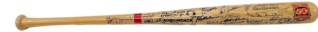 Hall of Fame Autographed Baseball Bat 55 Signatures Puckett Aaron Berra PSA: Hall of Fame Autographed Baseball Bat 55 Signatures Puckett Aaron Berra PSA This authentic baseball bat is signed by 55 legendary players, including Kirby Puckett, Hank Aaron, and Yogi Berra, making i
