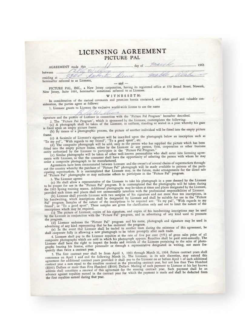 Billy Williams Autographed Contract Chicago Cubs HOF 1963 JSA Certified (1 of 3)