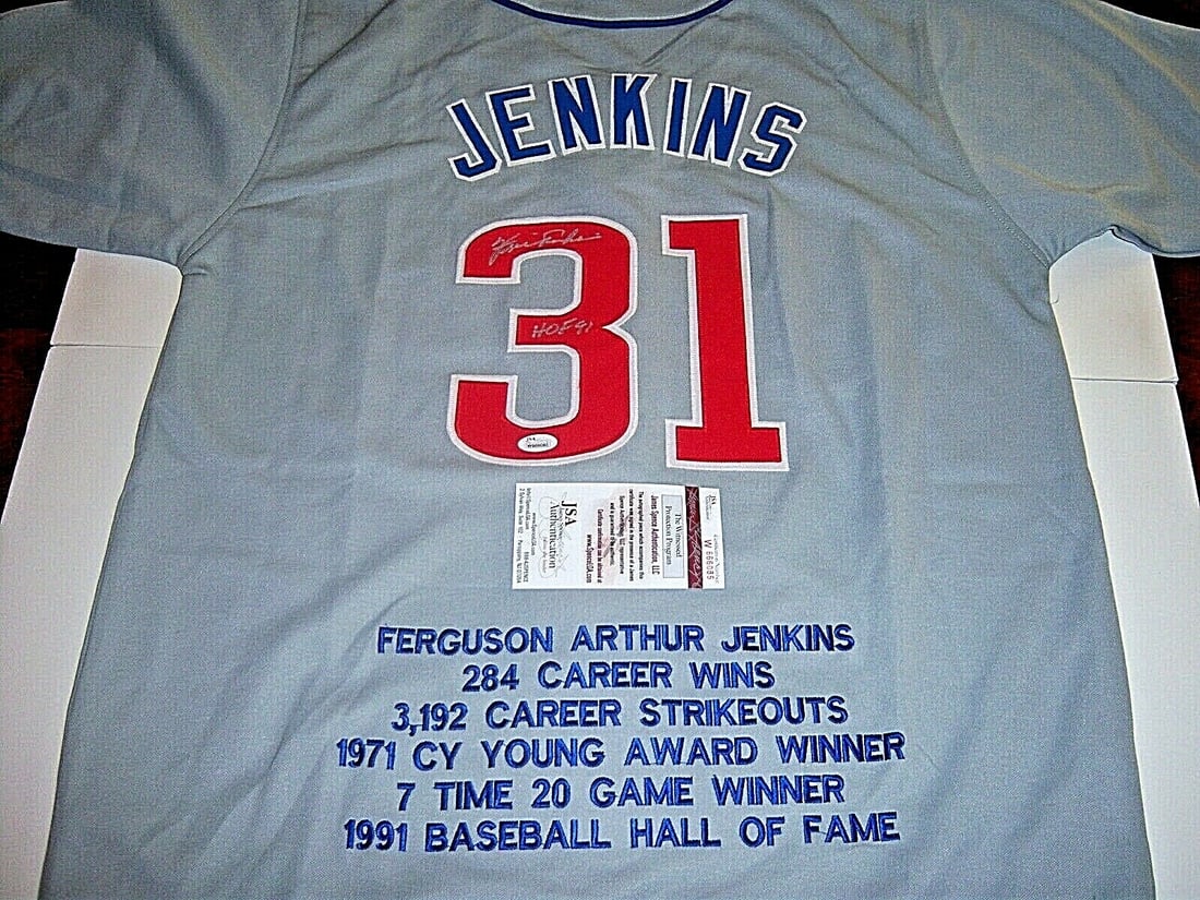 Fergie Jenkins Signed Chicago Cubs Jersey With JSA COA and HOF 91 Inscription: Fergie Jenkins Signed Chicago Cubs Jersey With JSA COA and HOF 91 Inscription This is a hand-signed Chicago Cubs jersey autographed by Fergie Jenkins, a Hall of Fame inductee in 1991. The jersey comes