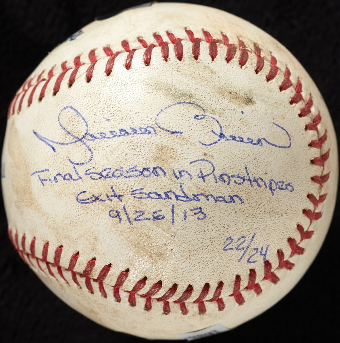 Mariano Rivera Signed Game Used Baseball Steiner 22/24 Final Game: Mariano Rivera Signed Game Used Baseball Steiner 22/24 Final Game Commemorate the legendary career of Mariano Rivera with this signed game-used baseball from his final career game. This authentic base