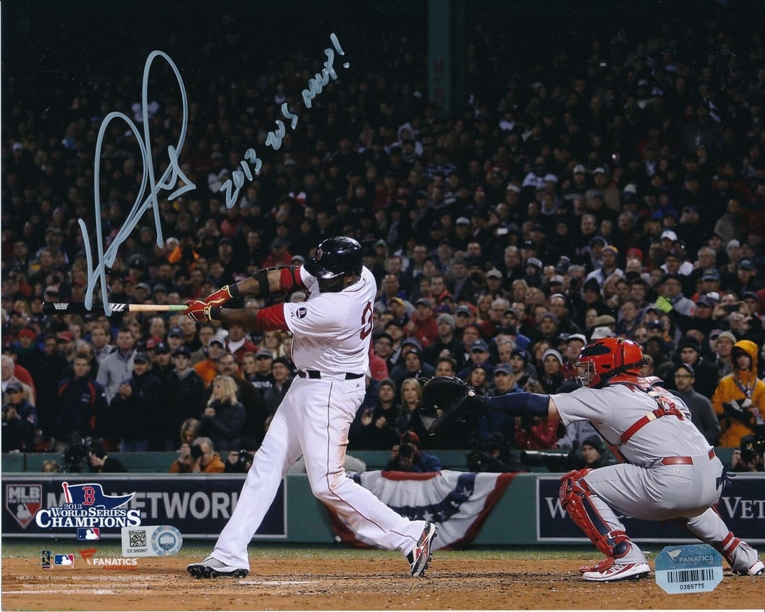 David Ortiz 2013 WS MVP Autographed 8x10 Photo Boston Red Sox Fanatics Certified: David Ortiz 2013 WS MVP Autographed 8x10 Photo Boston Red Sox Fanatics Certified This is a remarkable 8x10 photo of David Ortiz, celebrating his Hall of Fame career and his notable achievement as the 
