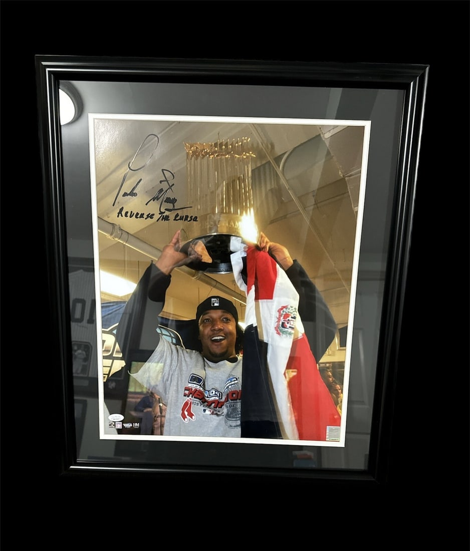 Framed 16x20 Pedro Martinez signed Red Sox photo JSA certified: Framed 16x20 Pedro Martinez signed Red Sox photo JSA certified This framed 16x20 photo features the autograph of Red Sox Hall of Famer Pedro Martinez. The signature has been authenticated by James Spe