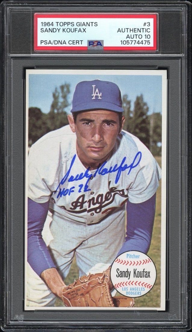 Sandy Koufax 1964 Topps Giants Signed HOF 72 PSA 10: Sandy Koufax 1964 Topps Giants Signed HOF 72 PSA 10 This is a 1964 Topps Giants baseball card of legendary player Sandy Koufax, featuring his signature and the inscription "HOF 72." The card is number