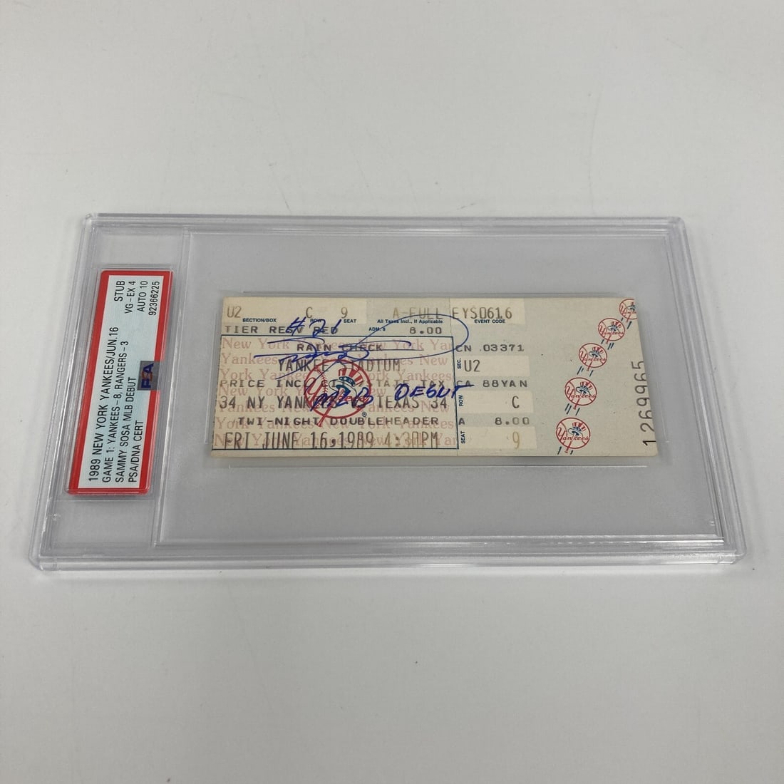 Sammy Sosa Signed 1989 MLB Debut Ticket PSA 10 One of One: Sammy Sosa Signed 1989 MLB Debut Ticket PSA 10 One of One Celebrate a historic moment in baseball with this unique collector's item: a Sammy Sosa signed 1989 MLB debut ticket stub. This rare ticket, i
