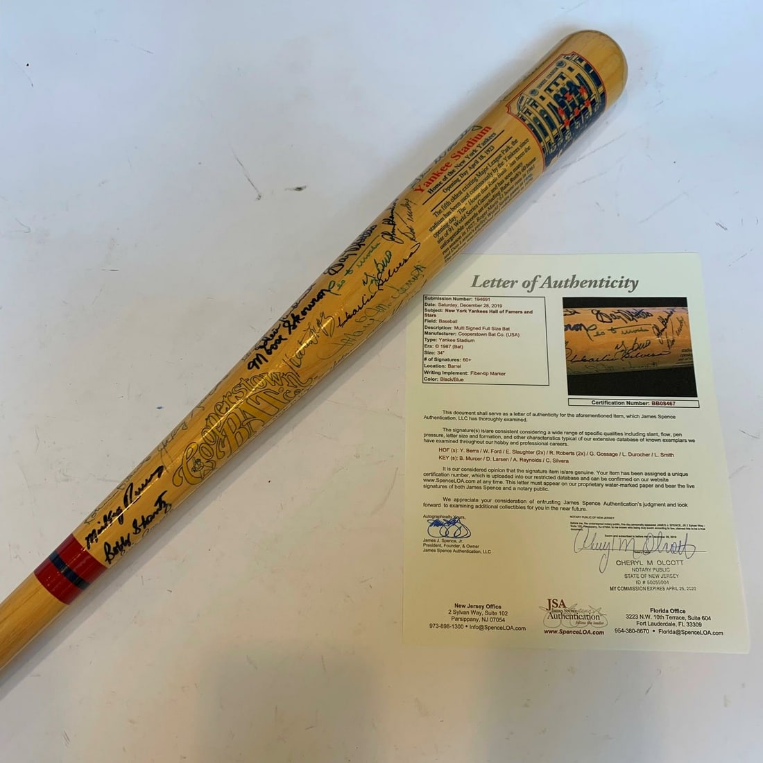 Cooperstown Bat Co Yankee Stadium Bat Signed by 60 Plus Yankees With JSA Letter (1 of 12)
