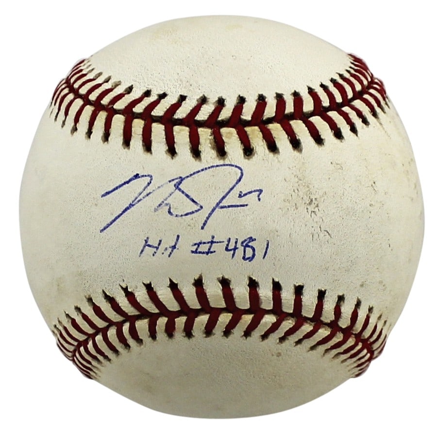 Mike Trout Signed Game Used OML Baseball Hit 481 MLB: Mike Trout Signed Game Used OML Baseball Hit 481 MLB Own a piece of baseball history with this autographed Mike Trout game-used baseball from the Los Angeles Angels. Signed on June 22, 2014, during th