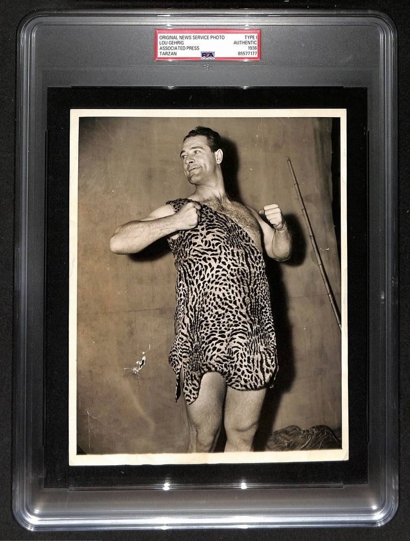 1936 Lou Gehrig Tarzan 9x7 Type 1 Yankees Photo PSA Authenticated: 1936 Lou Gehrig Tarzan 9x7 Type 1 Yankees Photo PSA Authenticated This is an original 1936 photograph of Lou Gehrig, known as the "Tarzan" photo, measuring 9" x 7". Authenticated by PSA/DNA, this Type