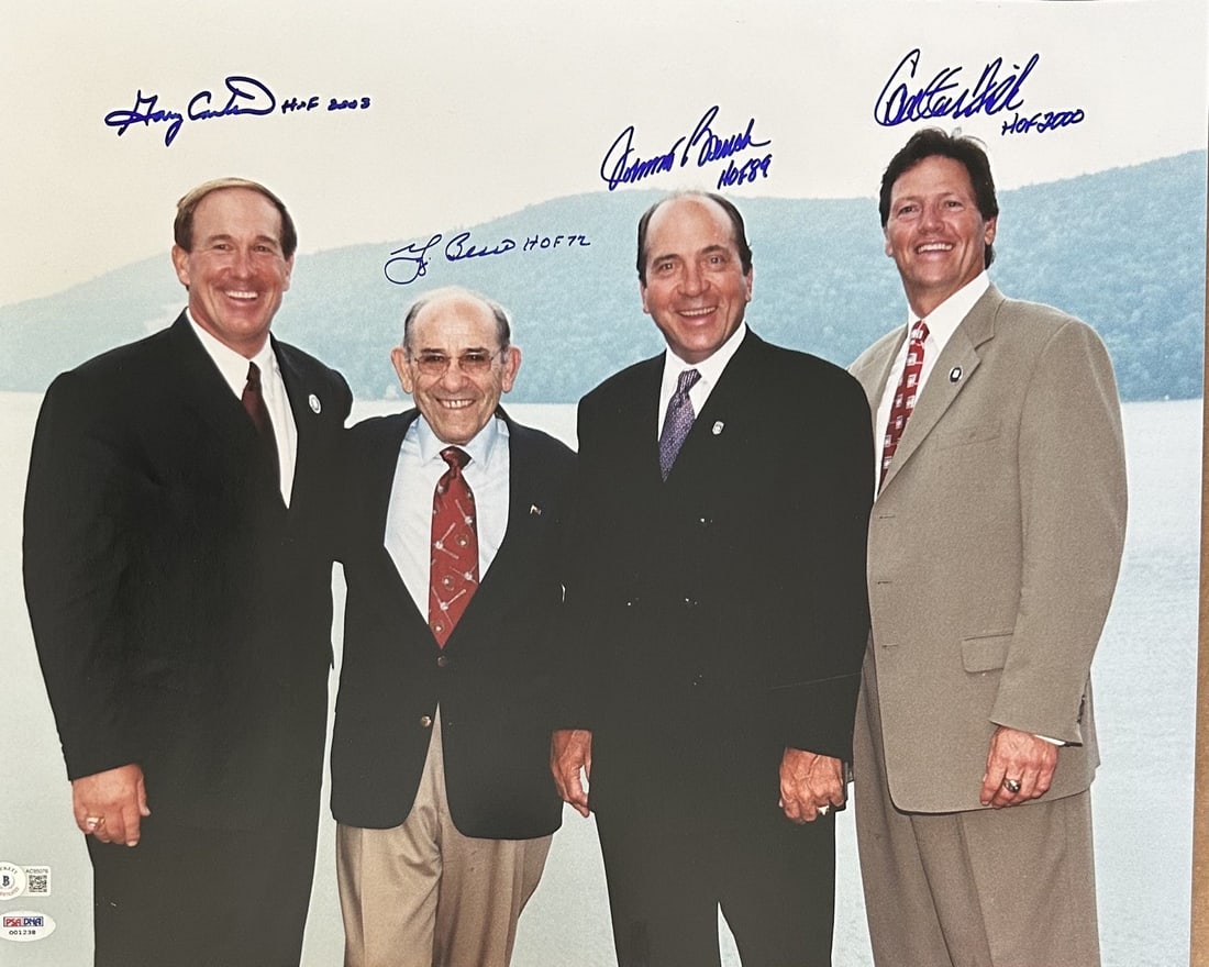 All Time Great Catchers Signed Photo x4 Berra Fisk Bench Carter Beckett LOA: All Time Great Catchers Signed Photo x4 Berra Fisk Bench Carter Beckett LOA This remarkable multi-signed photograph features four legendary Hall of Fame catchers: Carlton Fisk, Yogi Berra, Johnny Benc