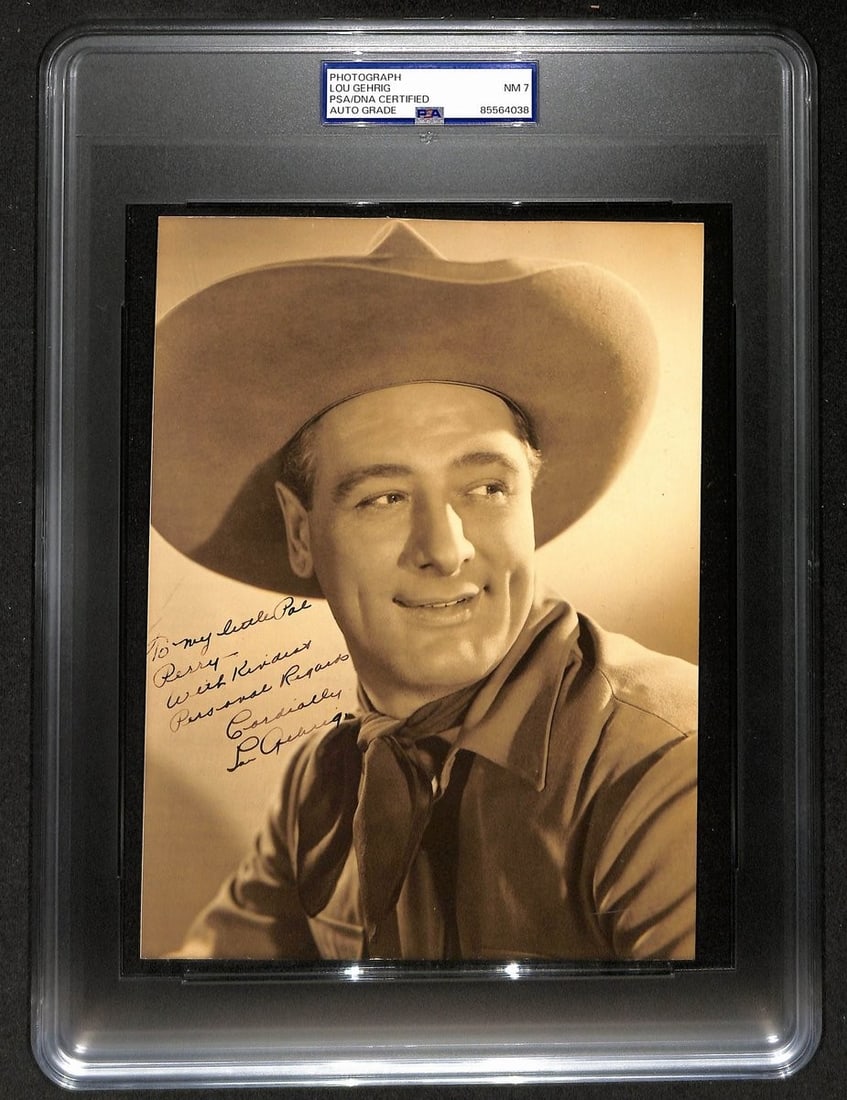 Lou Gehrig Autographed 8x10 Yankees Photo PSA DNA NM 7 Inscribed Rare: Lou Gehrig Autographed 8x10 Yankees Photo PSA DNA NM 7 Inscribed Rare This is a rare, original sepia-tone photograph autographed by Lou Gehrig, associated with his appearance in the 1938 film Rawhide.