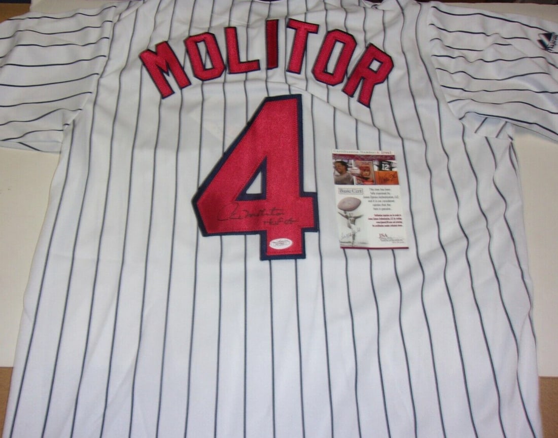 Paul Molitor signed Minnesota Twins Majestic jersey JSA COA: Paul Molitor signed Minnesota Twins Majestic jersey JSA COA This is an official licensed Majestic Minnesota Twins baseball jersey signed by Hall of Famer Paul Molitor. The jersey features Molitor's na