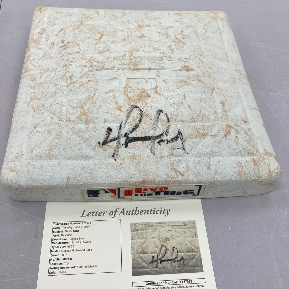 David Ortiz Signed 2007 ALCS Game Used Base with JSA COA: David Ortiz Signed 2007 ALCS Game Used Base with JSA COA This is a game-used base from the 2007 American League Championship Series (ALCS) Game 7, featuring the legendary David Ortiz. The base was rem
