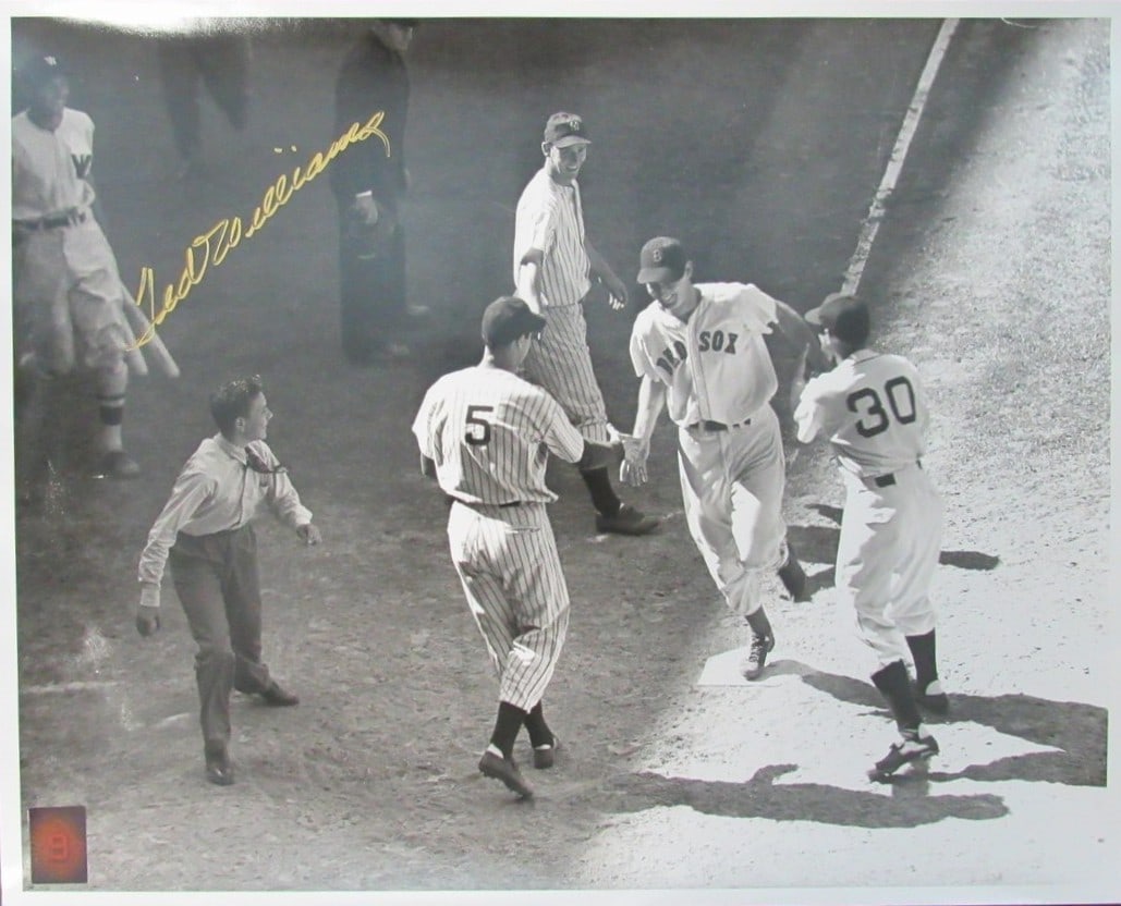 16x20 Autographed Ted Williams Photo with Green Diamond Hologram Authentication: 16x20 Autographed Ted Williams Photo with Green Diamond Hologram Authentication This 16x20 black and white photo features the autograph of Hall of Famer Ted Williams. The photo is authenticated by a T
