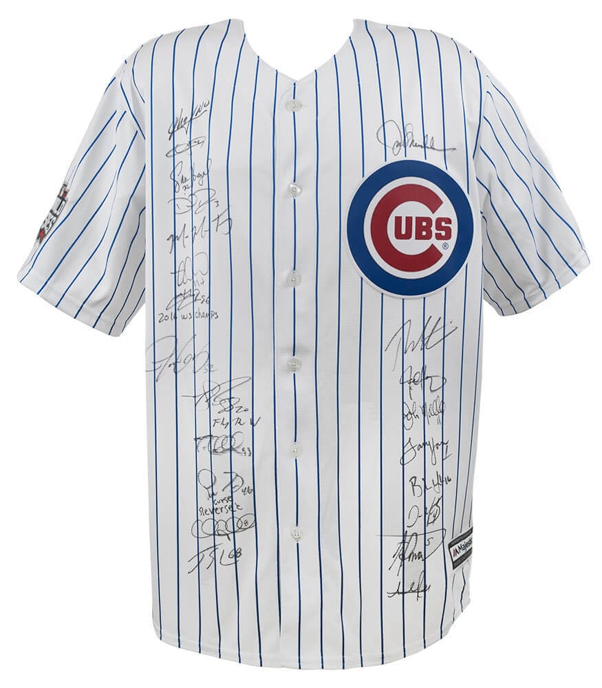2016 Chicago Cubs Team Signed Majestic Jersey 22 Autographs with COA: 2016 Chicago Cubs Team Signed Majestic Jersey 22 Autographs with COA Celebrate the historic 2016 World Series victory with this Chicago Cubs team-signed jersey. This authentic white pinstripe Majestic