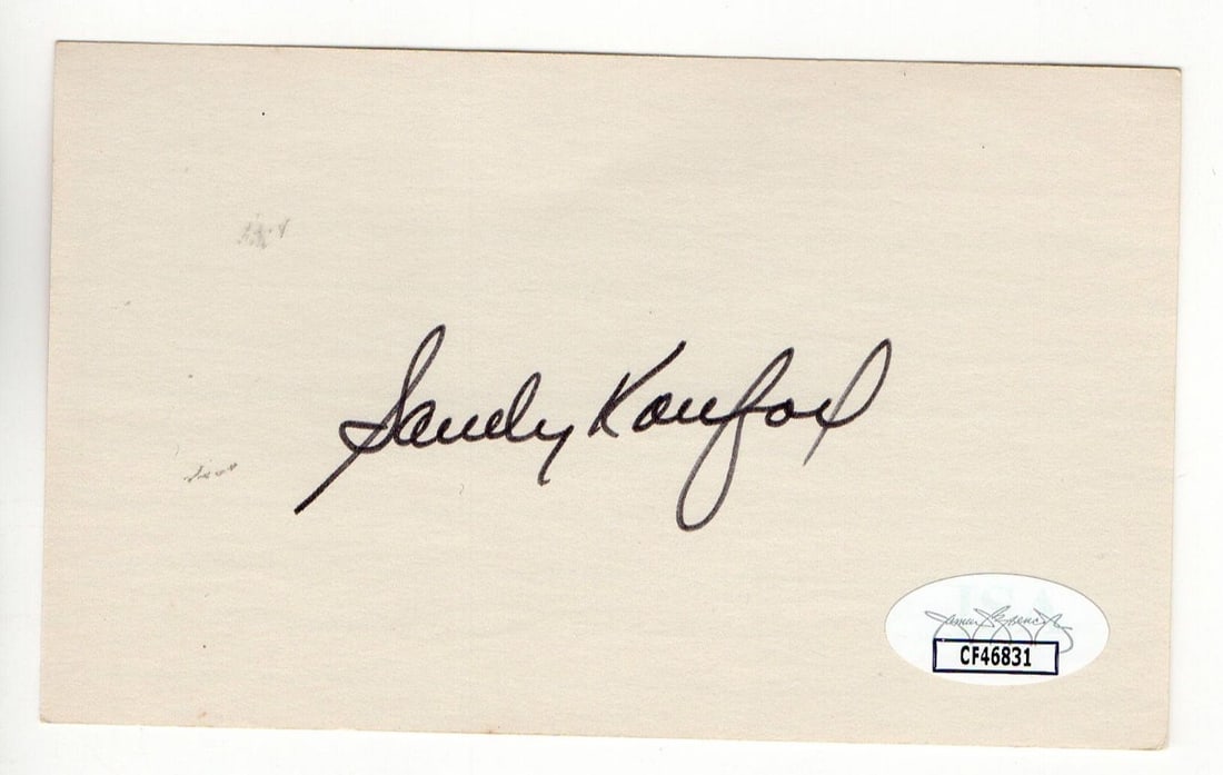 Sandy Koufax Autographed 3X5 Index Card Dodgers JSA Certified: Sandy Koufax Autographed 3X5 Index Card Dodgers JSA Certified This is an original 3X5 index card autographed by Sandy Koufax, the legendary pitcher of the Los Angeles Dodgers and Hall of Famer. The au